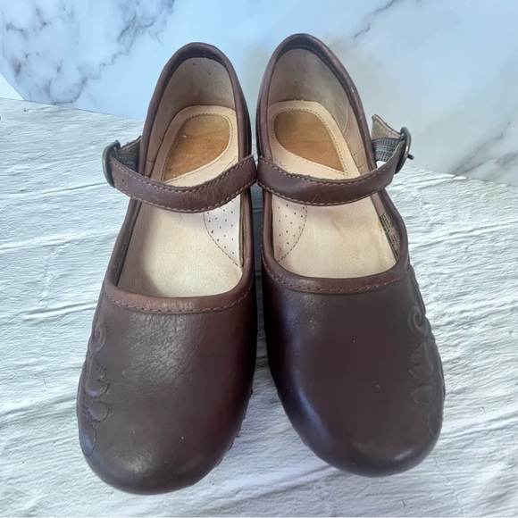 Dansko Savanna Flower Embossed Brown Leather Mary Jane Clog Shoe - Picture 2 of 16